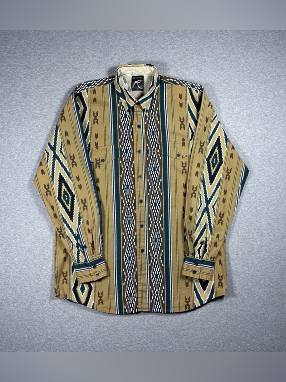 Vintage Roper Western Button Up Shirt Mens XL Tan Aztec Geometric Cowboy 90s USA